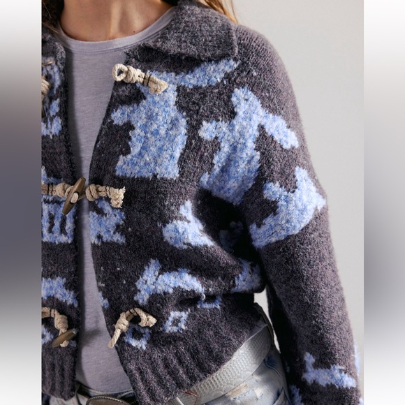 Free People Home Sweet Home Cardi- Charcoal Peri Bunny Print - Picture 2 of 9